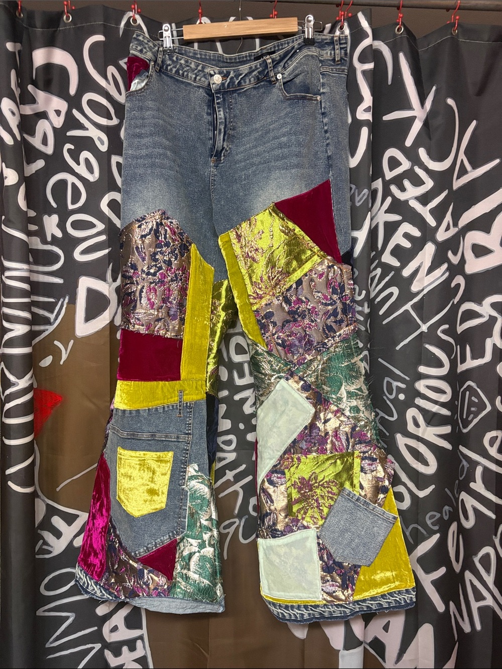 AKIRA Multicolor Patchwork Velvet Flare Jeans